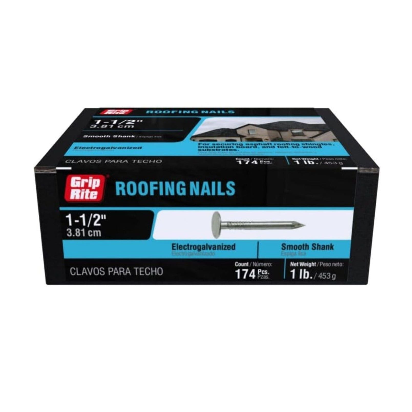 The GRIP-RITE 112EGRFG1 #11 x 1-1/2 in. Electrogalvanized Roofing Nails by Grip-Rite are perfect for asphalt shingles with a smooth shank. The box weighs 1 lb, holding 174 nails, and includes packaging text in English and Spanish.